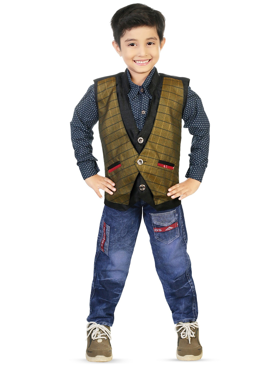 

BAESD Boys Printed Shirt &Trousers With Waistcoat, Brown