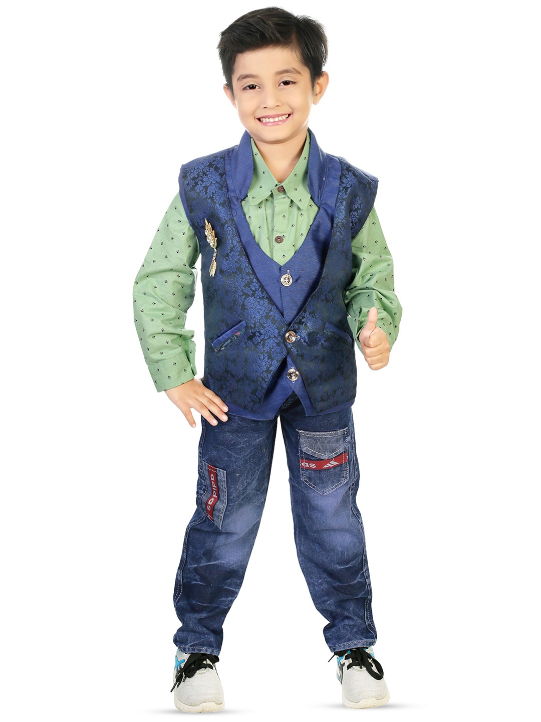 

BAESD Boys Printed Shirt & Denim Pants With Waistcoat, Blue