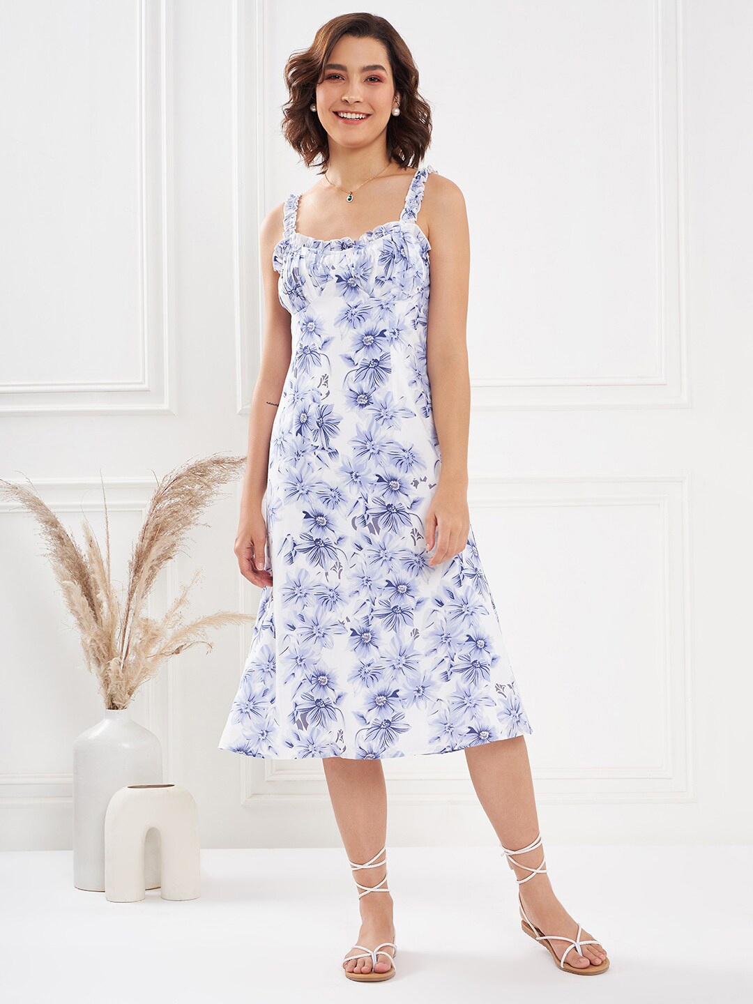 

KASSUALLY Blue & White Floral Printed Shoulder Straps Gathered A-Line Midi Dress