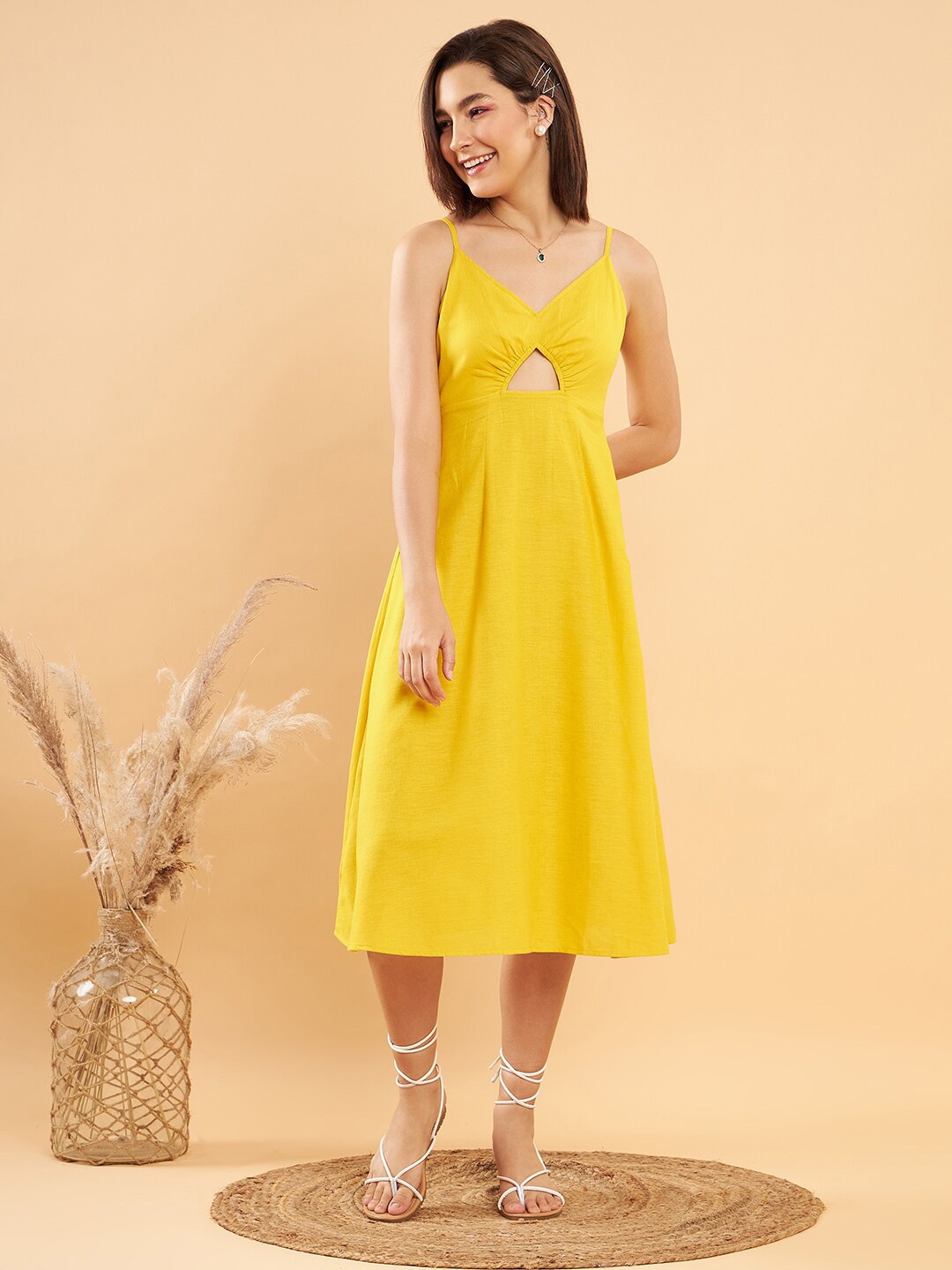 

KASSUALLY Yellow Shoulder Straps Cut-Outs Smocked Pure Cotton A-Line Midi Dress