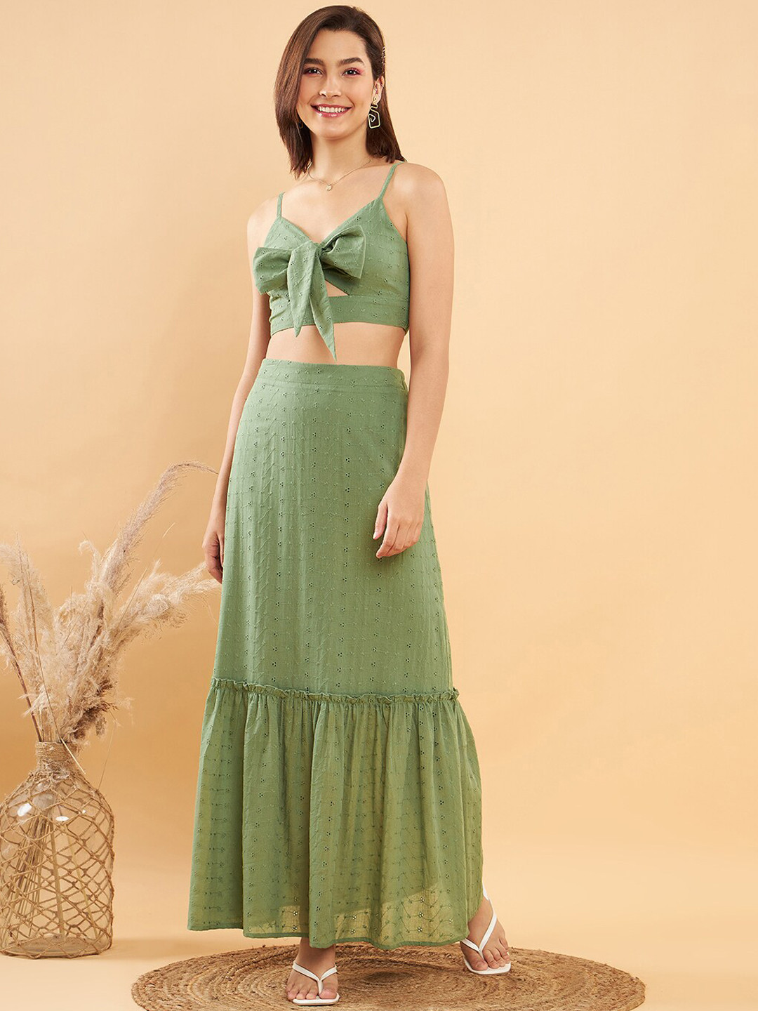 

KASSUALLY Olive Green Self Design Pure Cotton Front Knotting Crop Top With Long Skirt