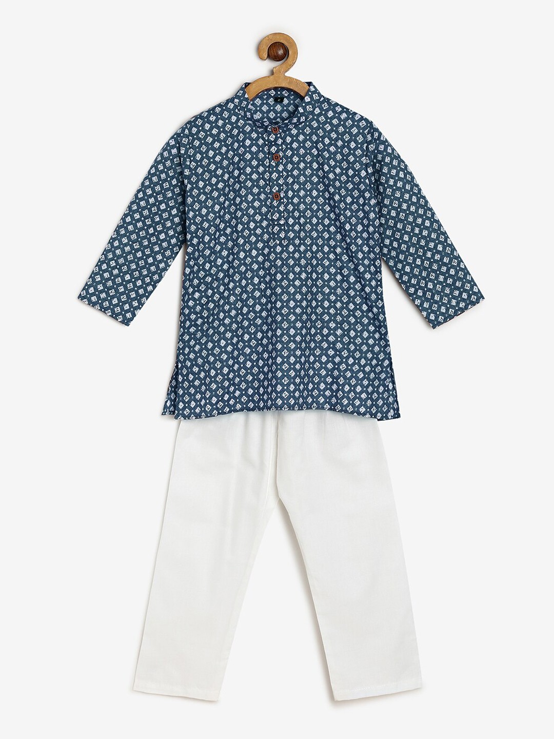 

CHAYIM Kids Geometric Printed Mandarin Collar Kurta With Pyjamas, Blue