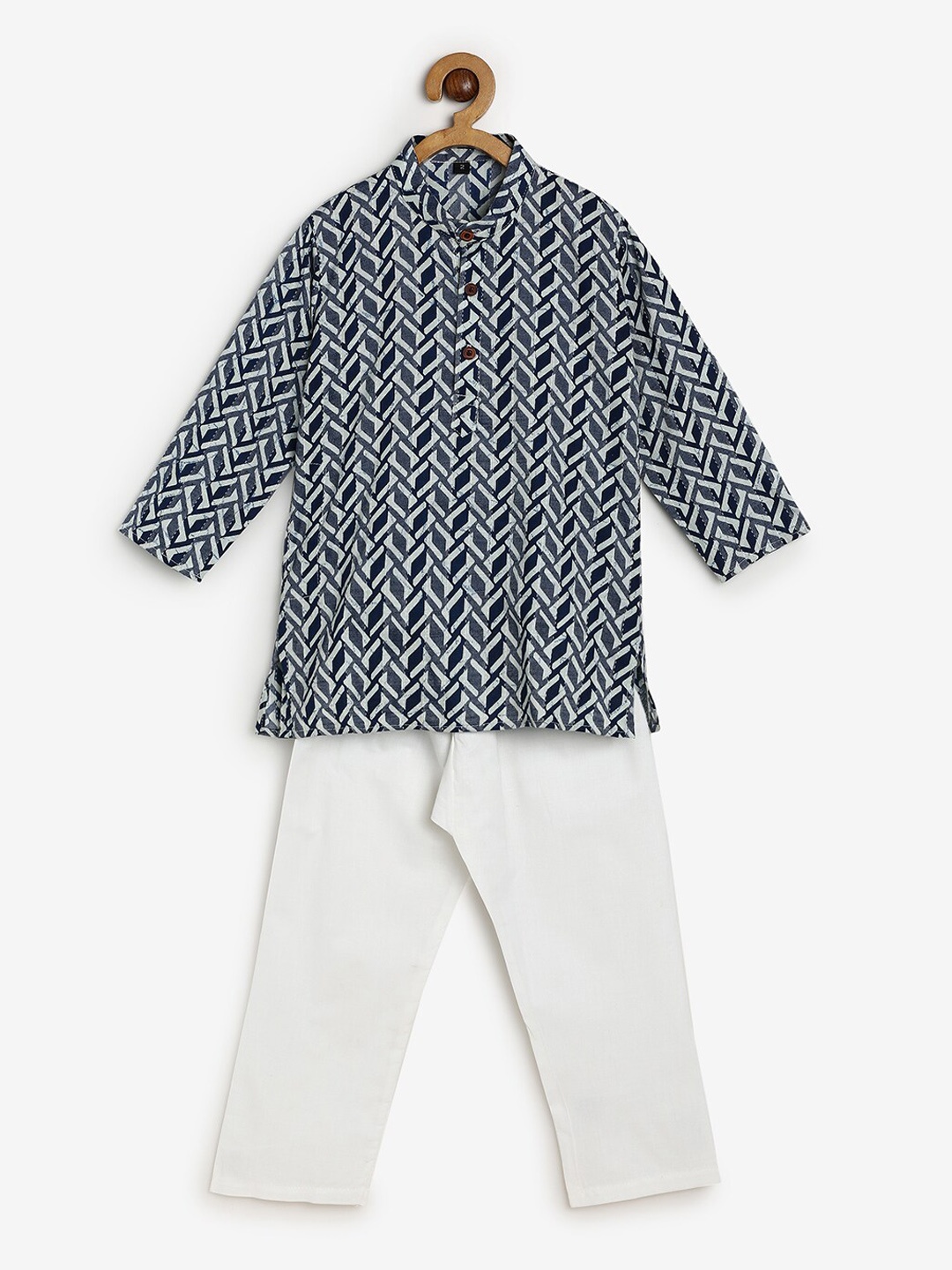 

CHAYIM Kids Geometric Printed Thread Work Kurta With Pyjamas, Navy blue