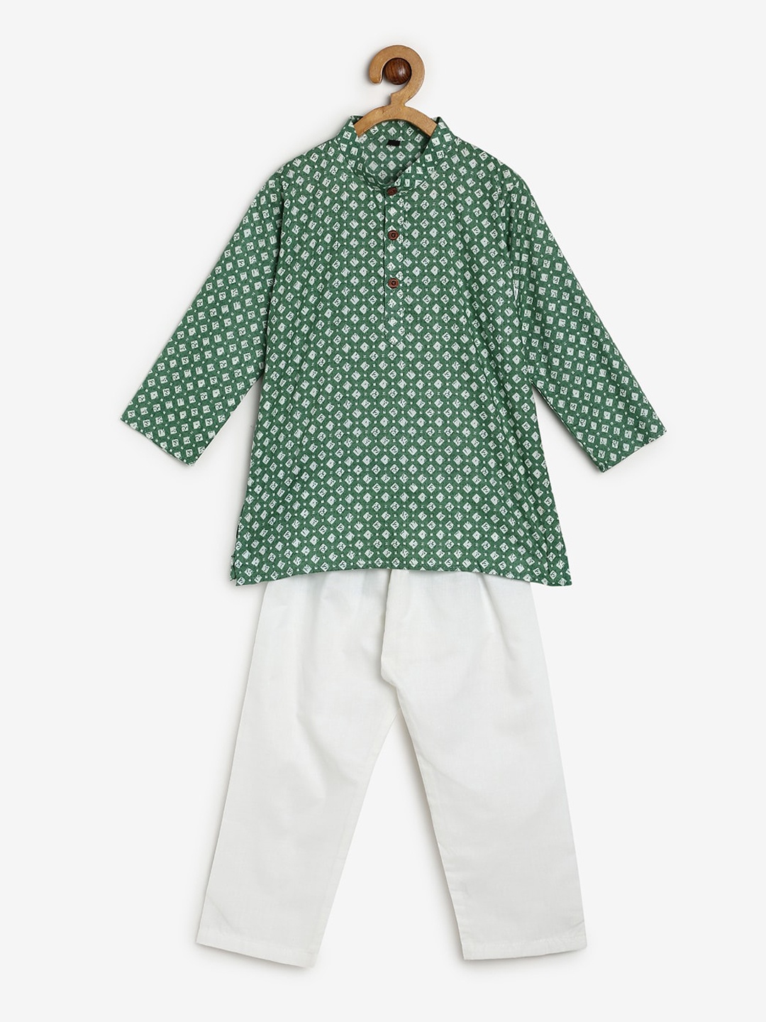 

CHAYIM Kids Geometric Printed Mandarin Collar Kurta With Pyjamas, Sea green