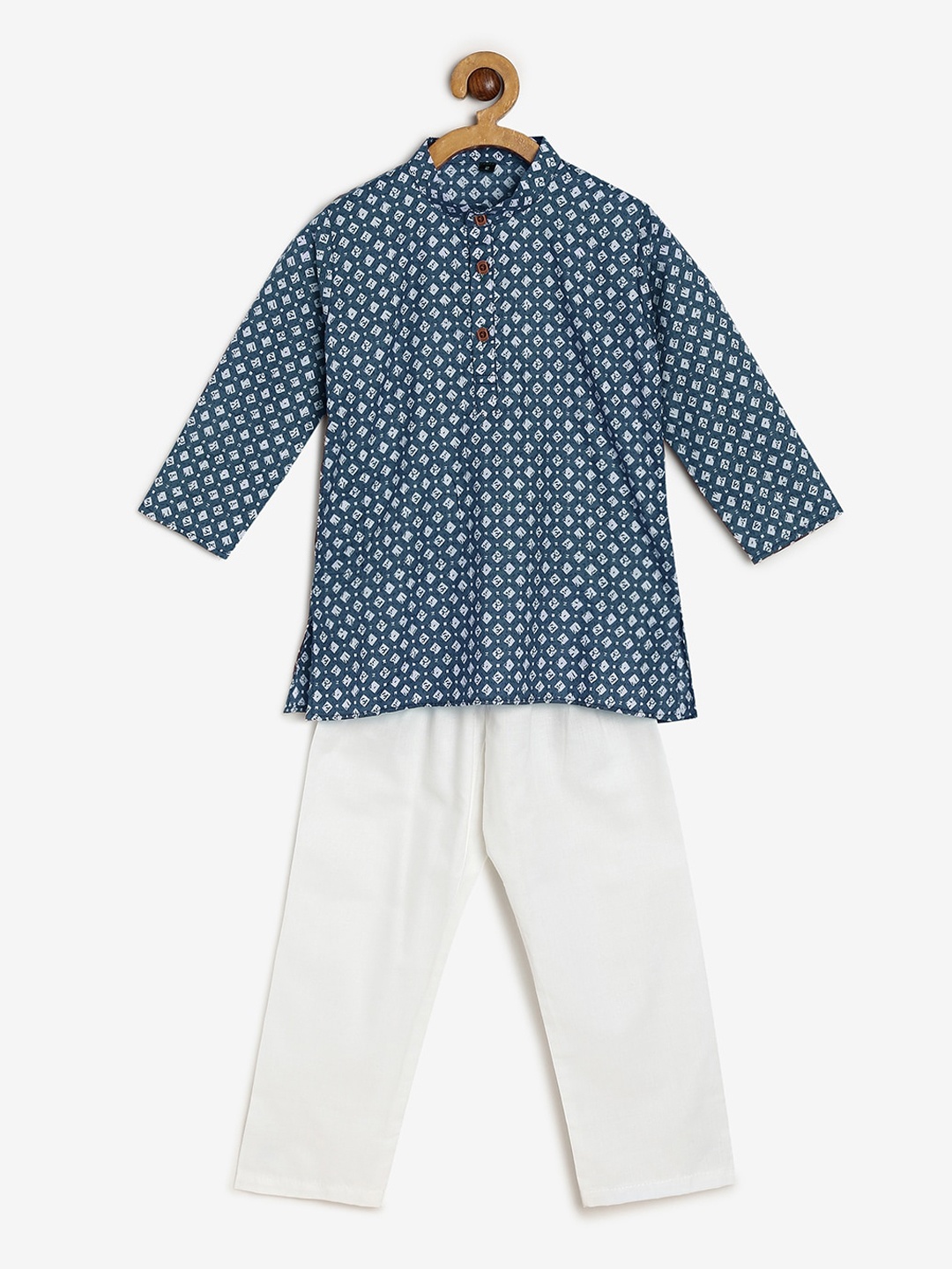 

CHAYIM Kids Geometric Printed Mandarin Collar Kurta With Pyjamas, Blue