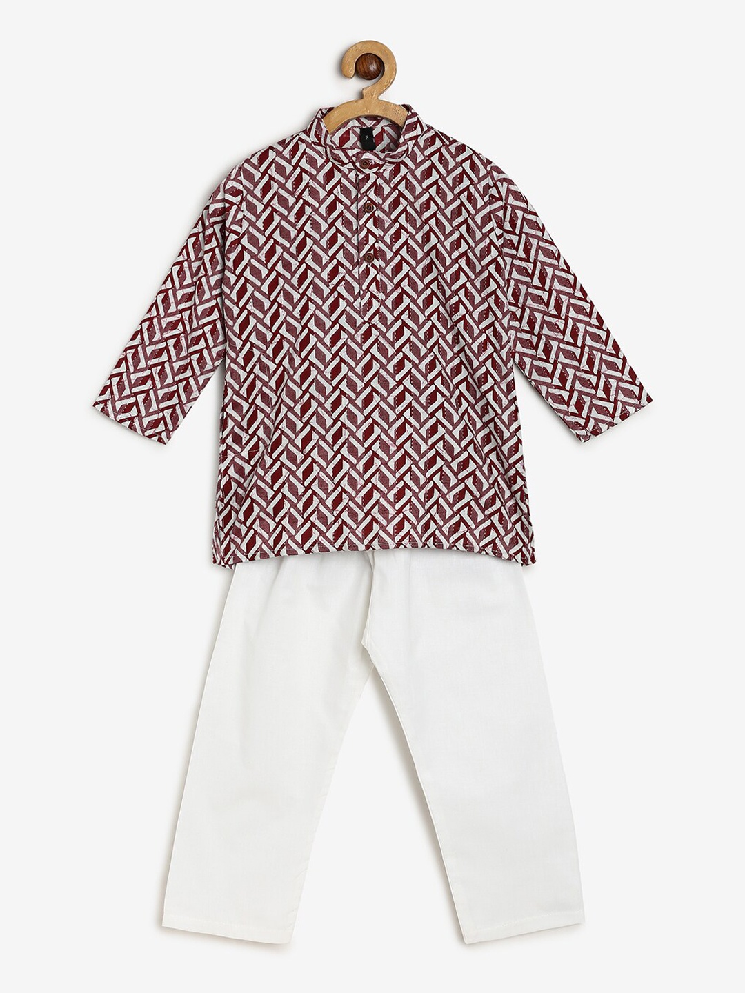 

CHAYIM Boys Band Collar Geometric Printed Straight Kurti with Pyjamas, Red