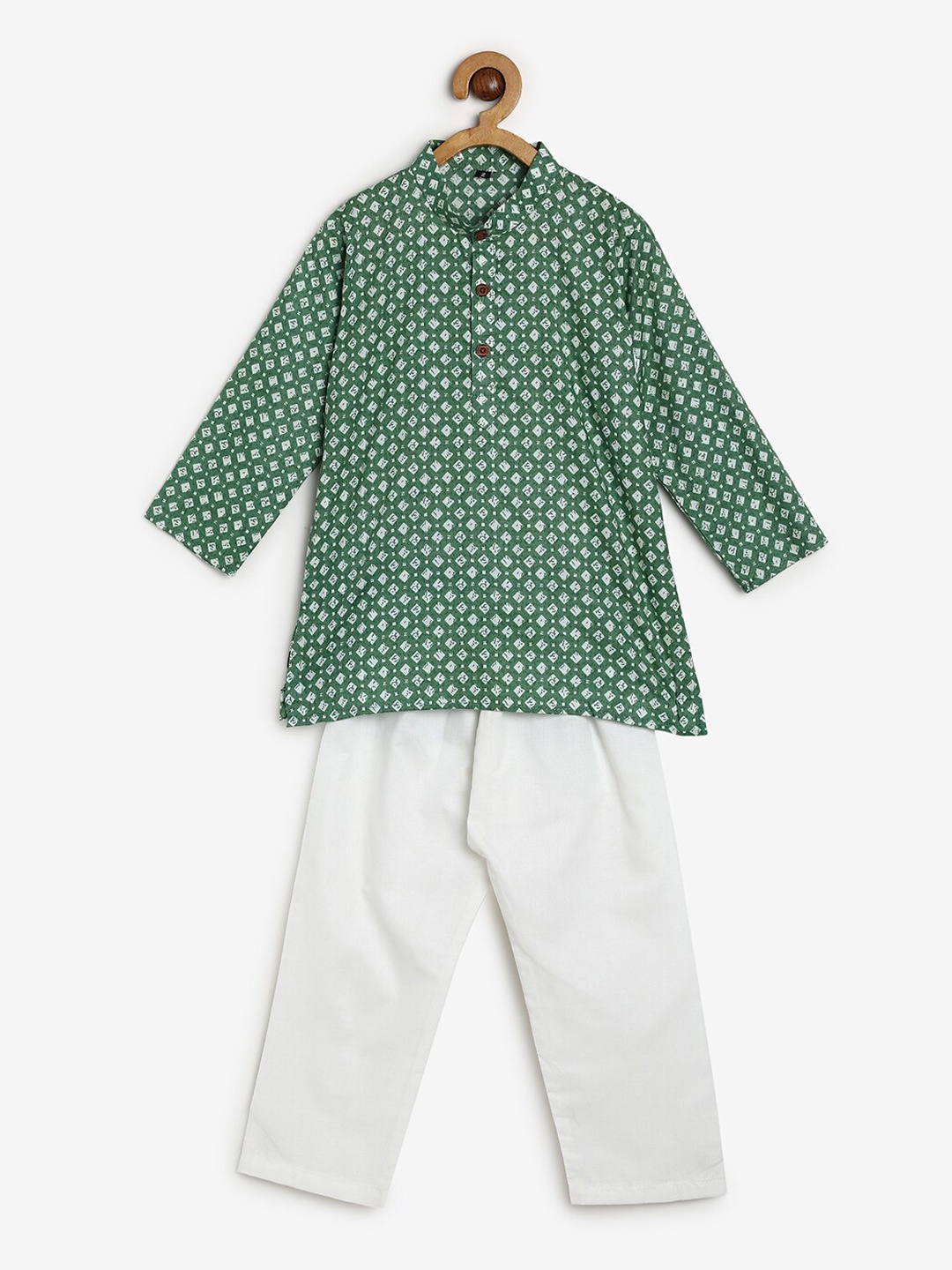 

CHAYIM Kids Geometric Printed Mandarin Collar Kurta With Pyjamas, Sea green