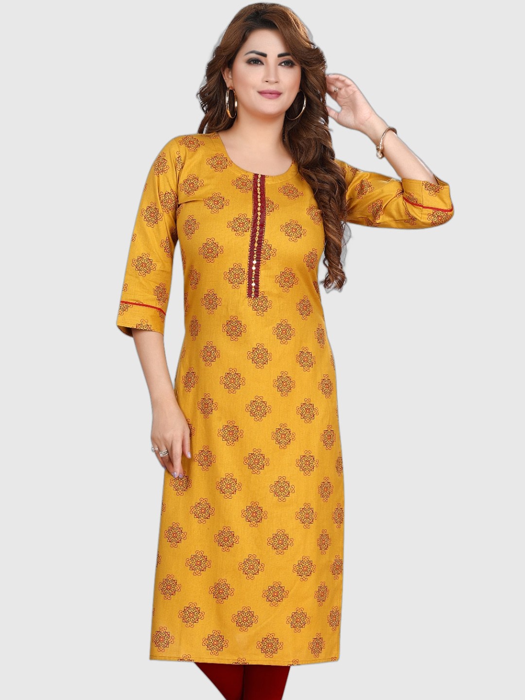 

Ayukti Ethnic Motifs Printed Mirror Work Pure Cotton Kurta, Yellow