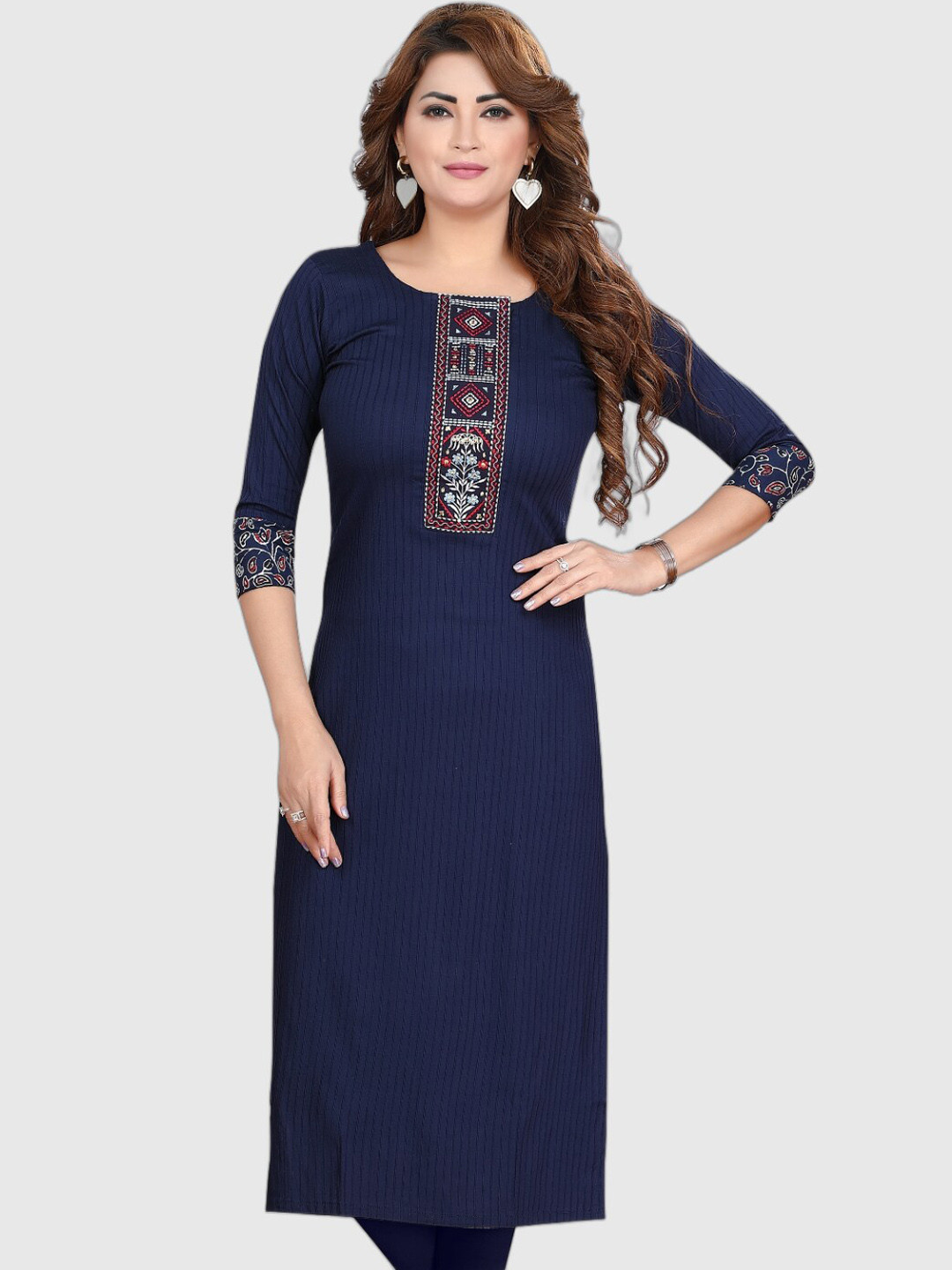 

Ayukti Floral Yoke Design Thread Work Pure Cotton Kurta, Navy blue