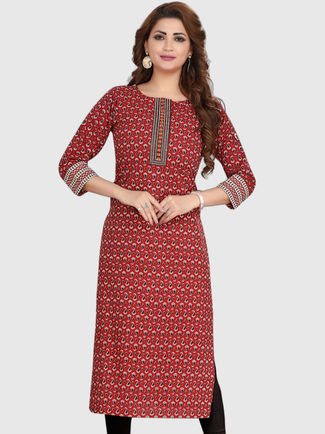 

Ayukti Ethnic Motifs Printed Pure Cotton A-Line Kurta, Maroon