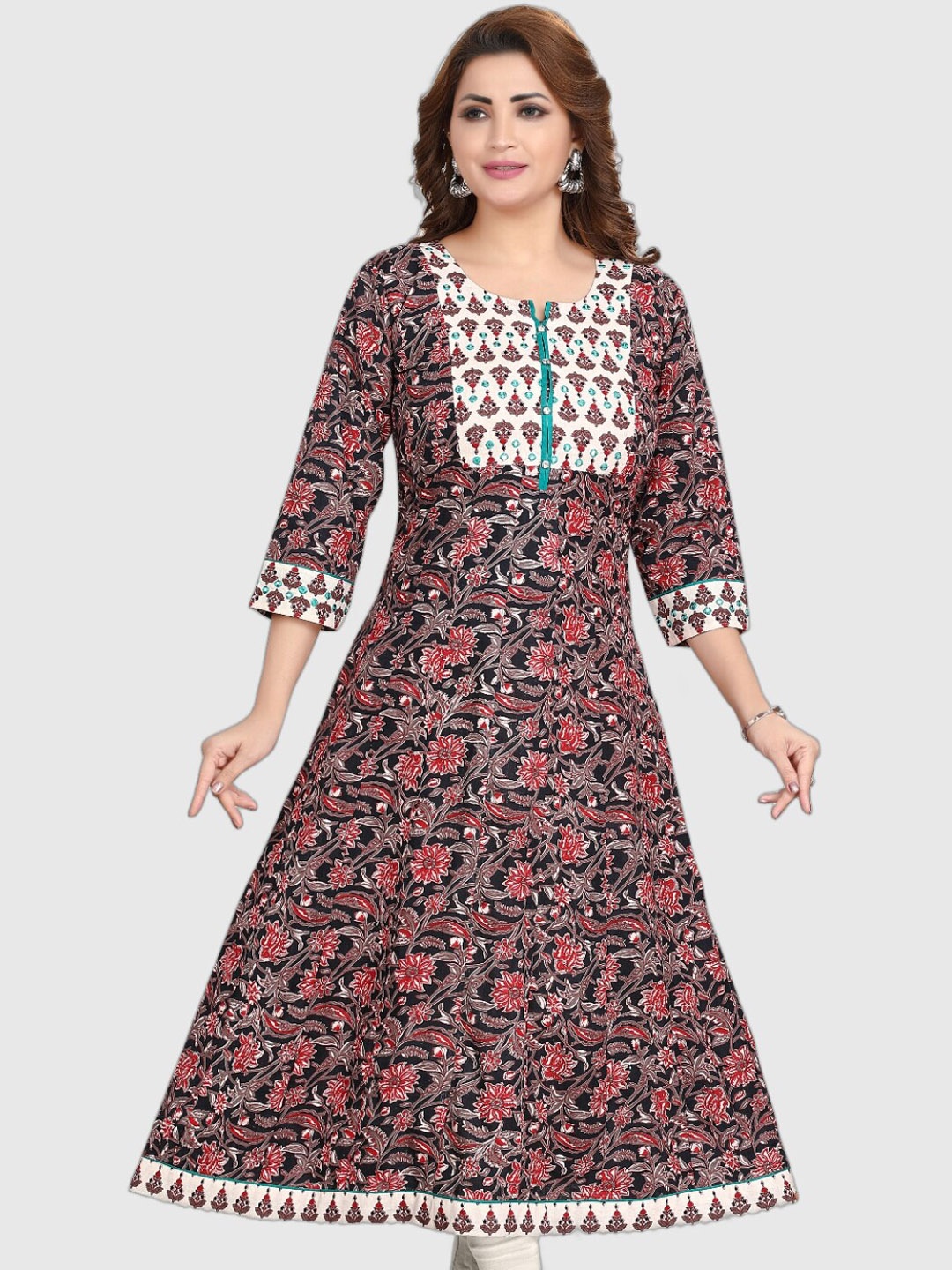 

Ayukti Floral Printed Pure Cotton A-Line Kurta, Black