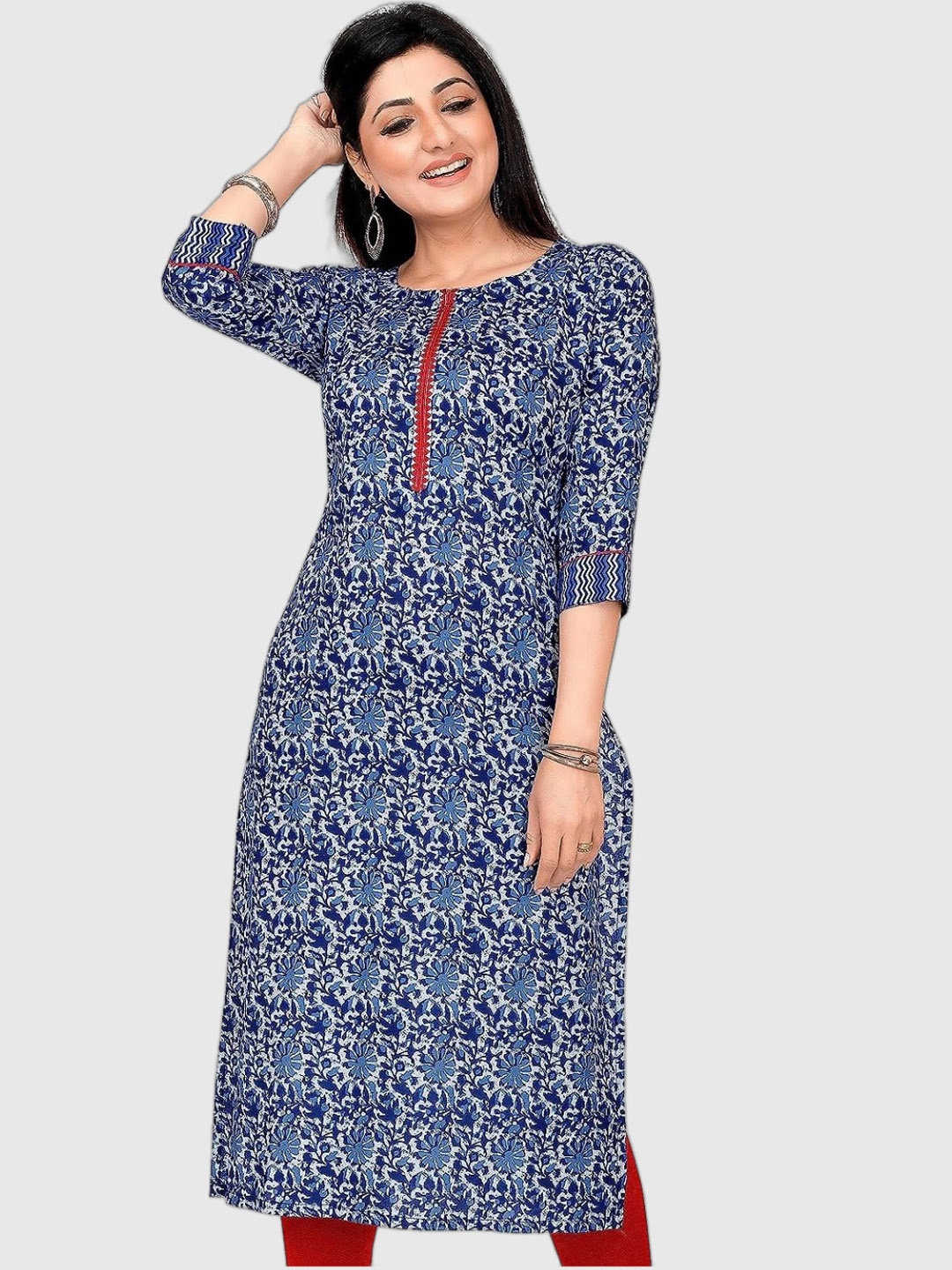 

Ayukti Floral Printed Pure Cotton A-Line Kurta, Blue