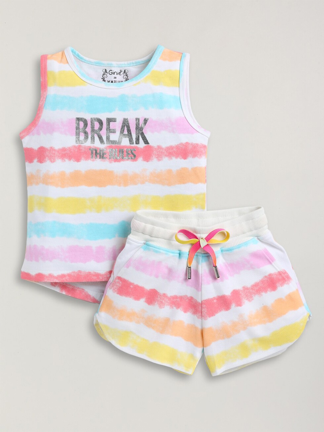 

Ginie Girls Striped Sleeveless T-shirt With Shorts, White