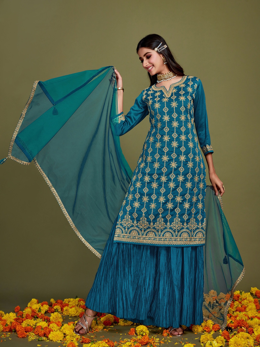 

Sangria Teal & Gold-Toned Ethnic Motifs Embroidered Zari Kurta With Sharara & Dupatta