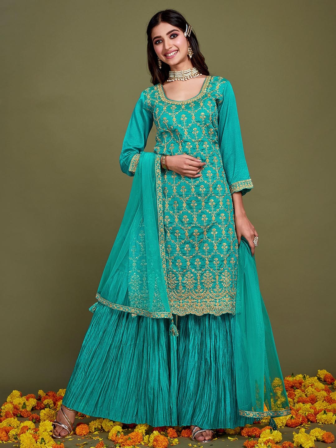 

Sangria Sea Green Floral Embroidered Straight Kurta & Sharara Dupatta