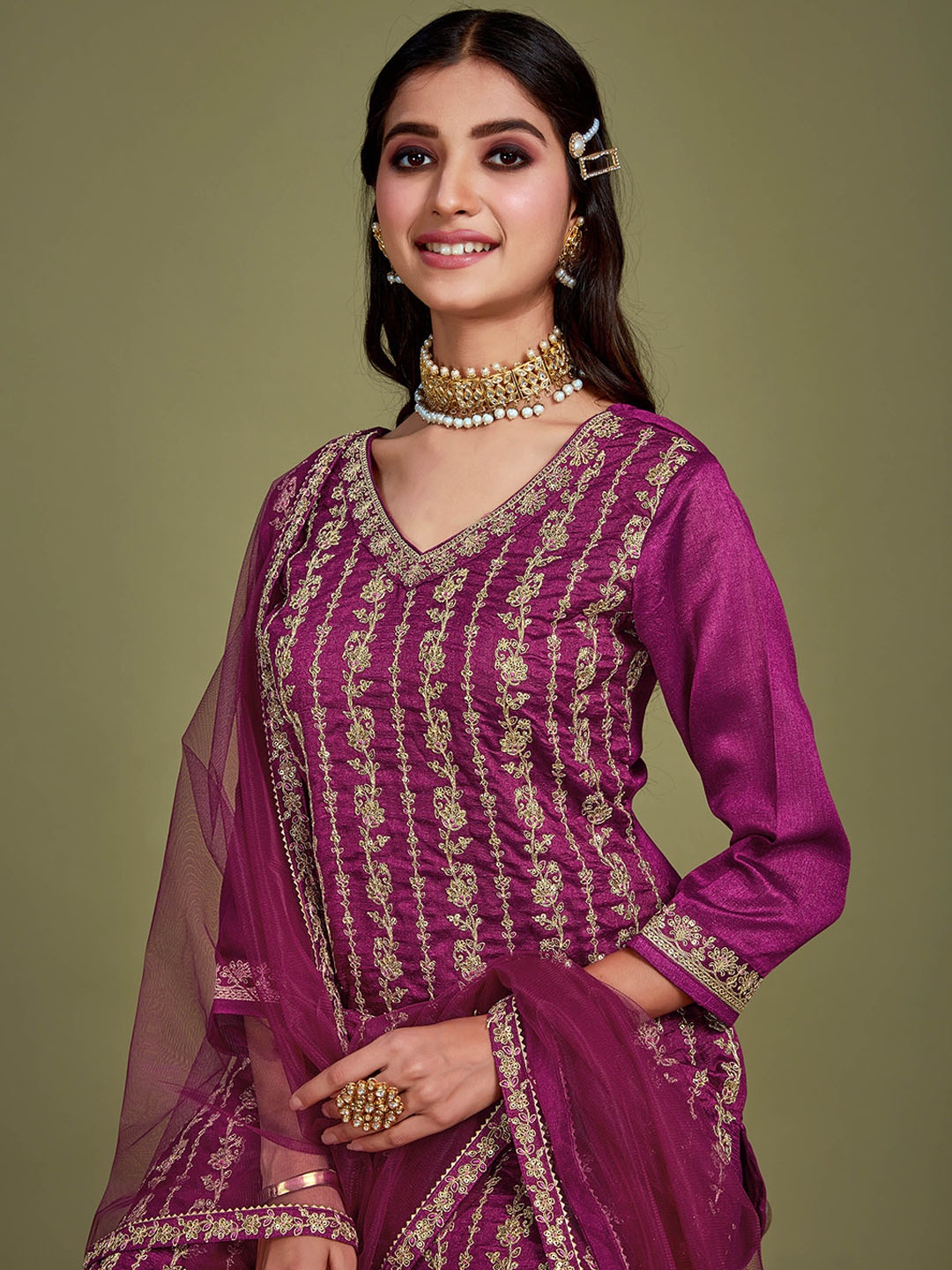 

Sangria Purple Floral Embroidered Straight Kurta & Sharara Dupatta