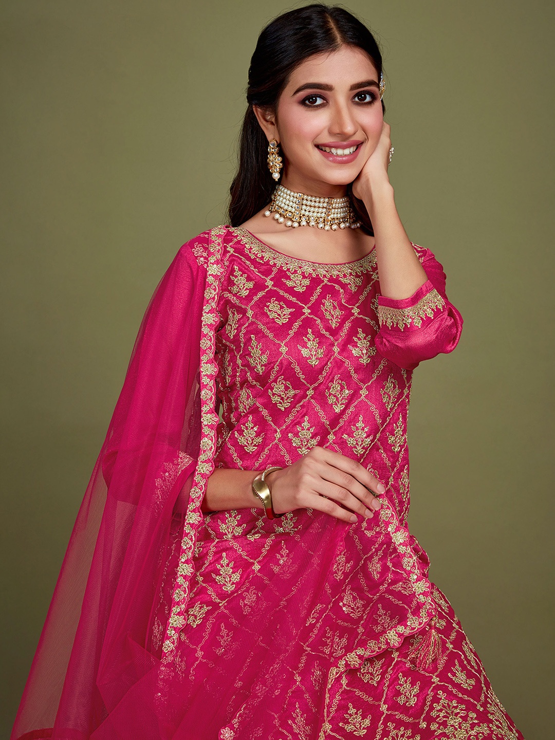 

Sangria Pink Floral Embroidered Sequinned Kurta Set With Dupatta