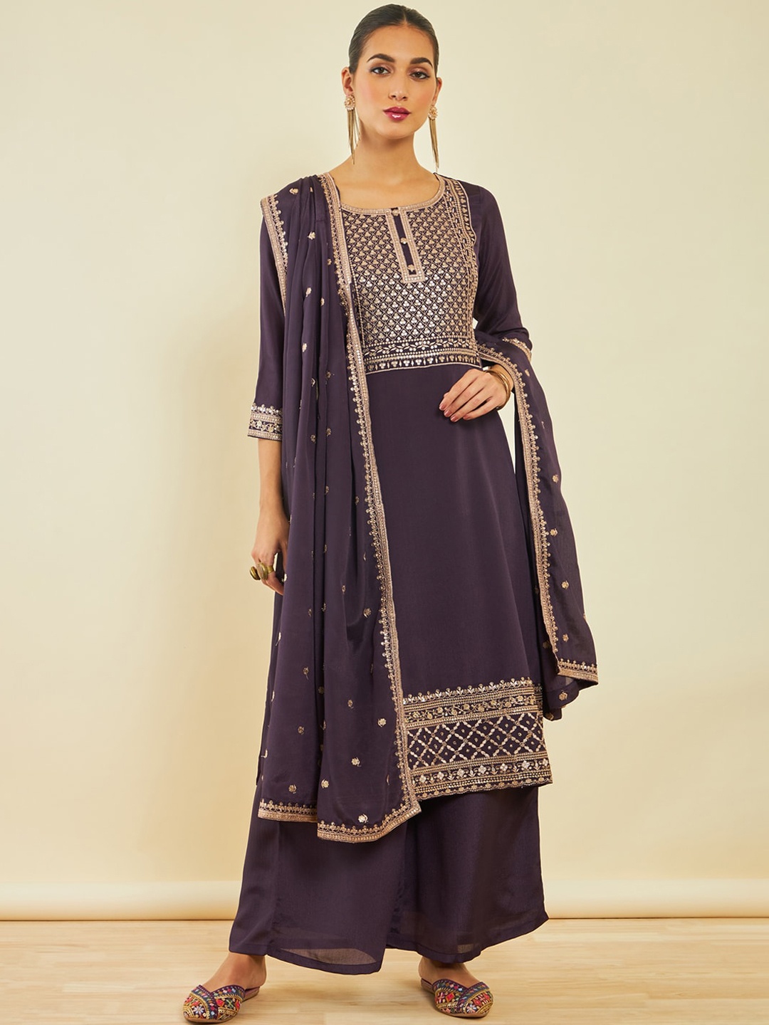 

Soch Ethnic Motifs Yoke Design Regular Sequinned Kurta Set With Dupatta, Purple