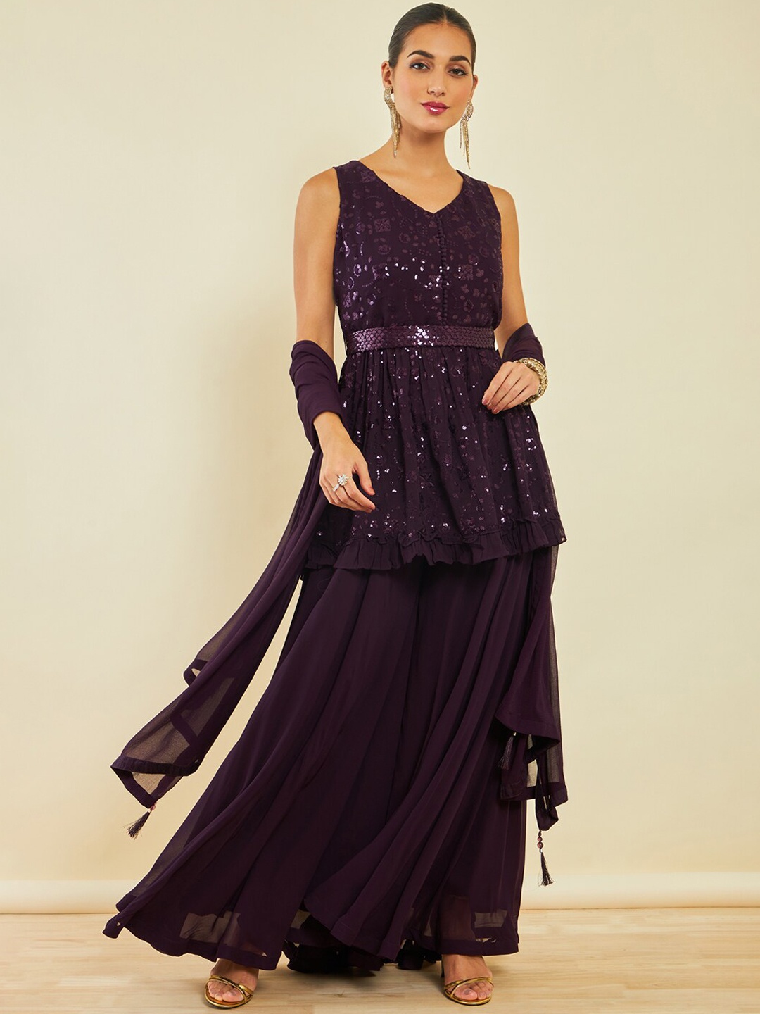 

Soch Ethnic Motifs Embroidered Regular Sequinned Kurta Set With Dupatta, Purple