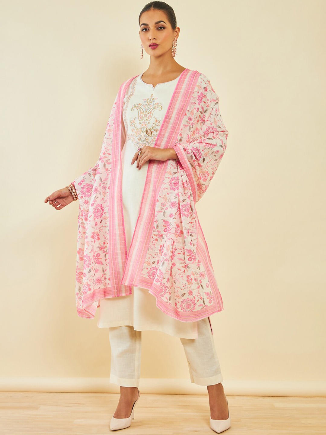 

Soch Floral Embroidered Straight Kurta With Trousers & Dupatta, White