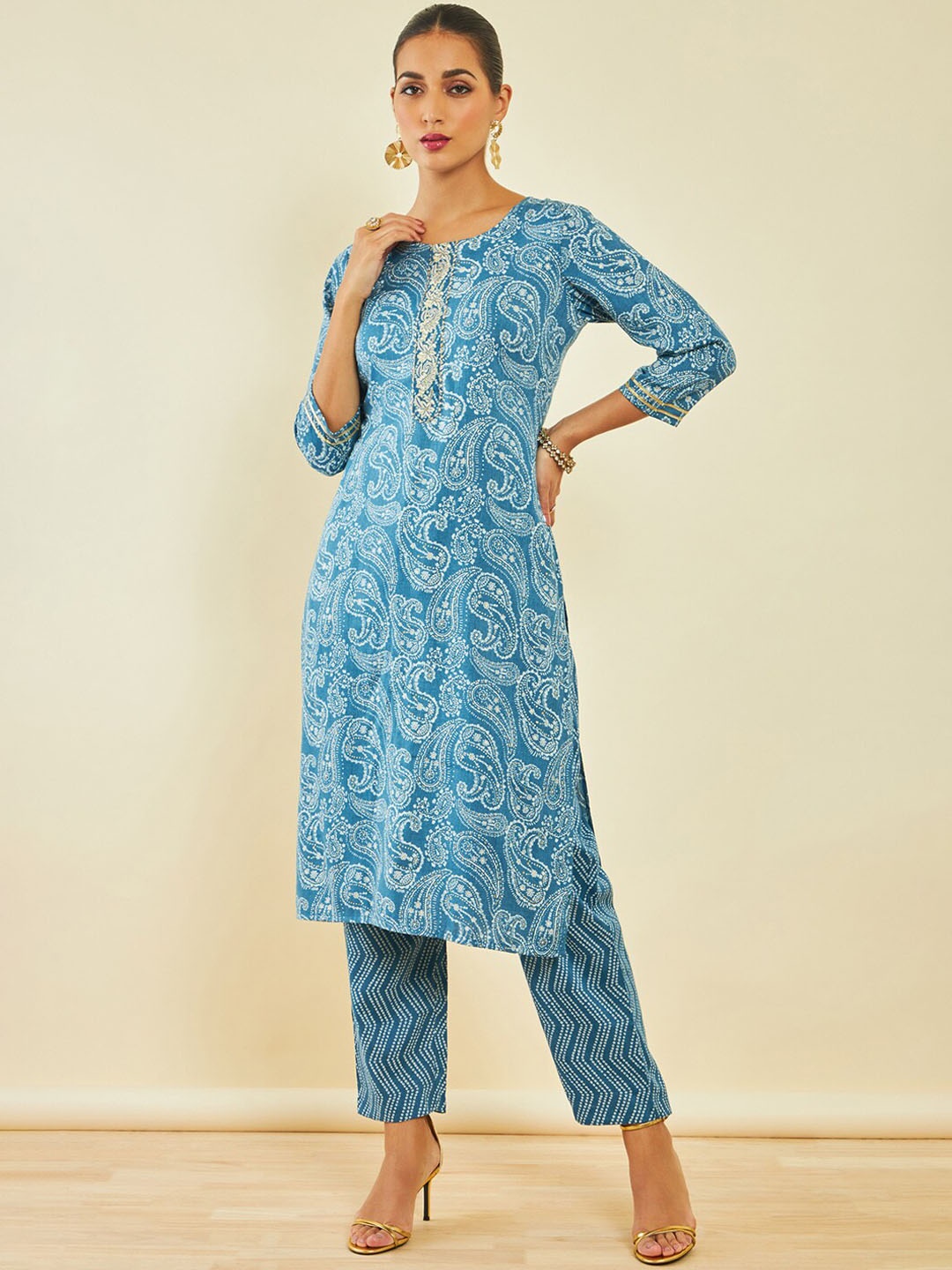 

Soch Blue Paisley Printed Regular Gotta Patti Kurta With Trousers