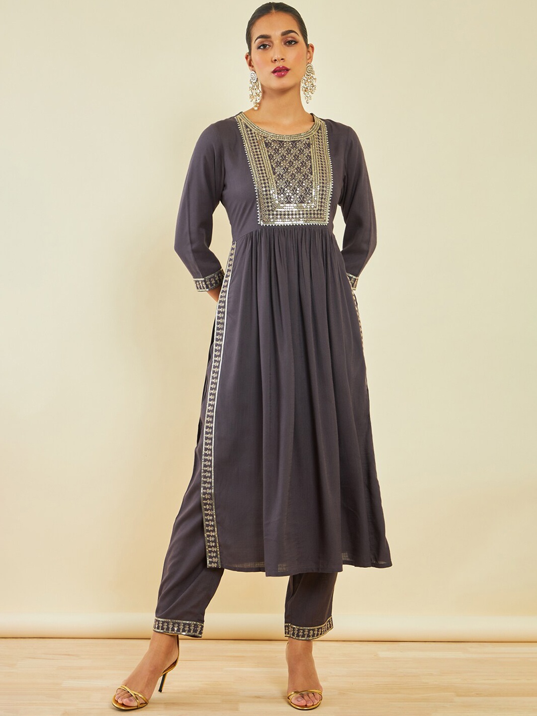 

Soch Grey Ethnic Motifs Embroidered High Slit Sequinned Kurta With Trousers