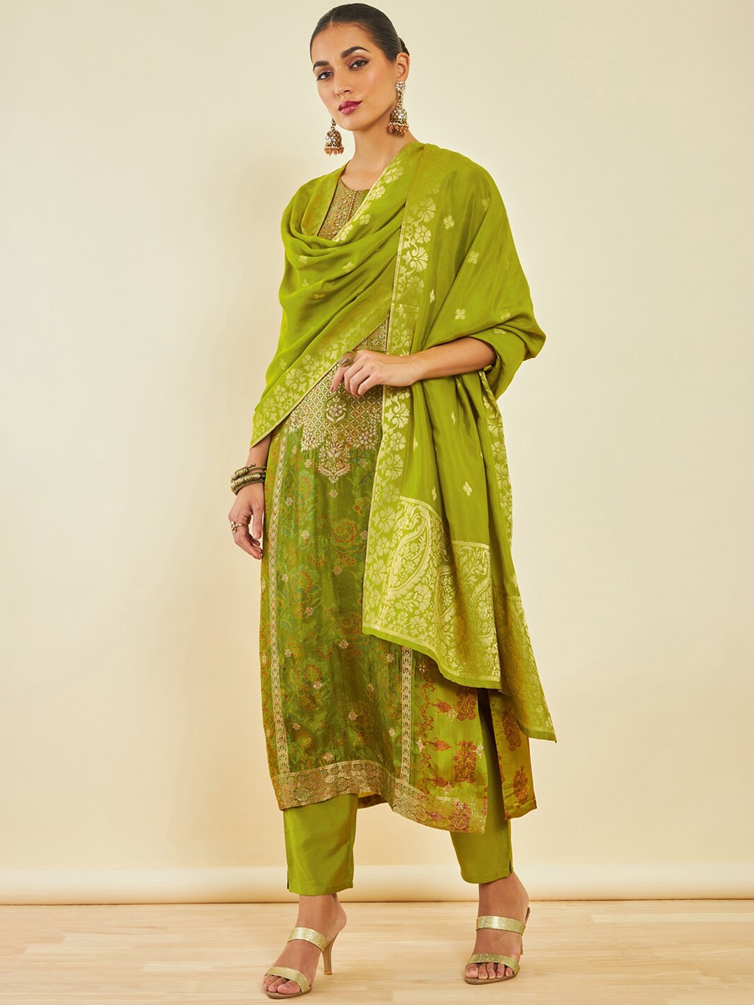 

Soch Green Floral Printed Beads and Stones Kurta With Trousers & Dupatta