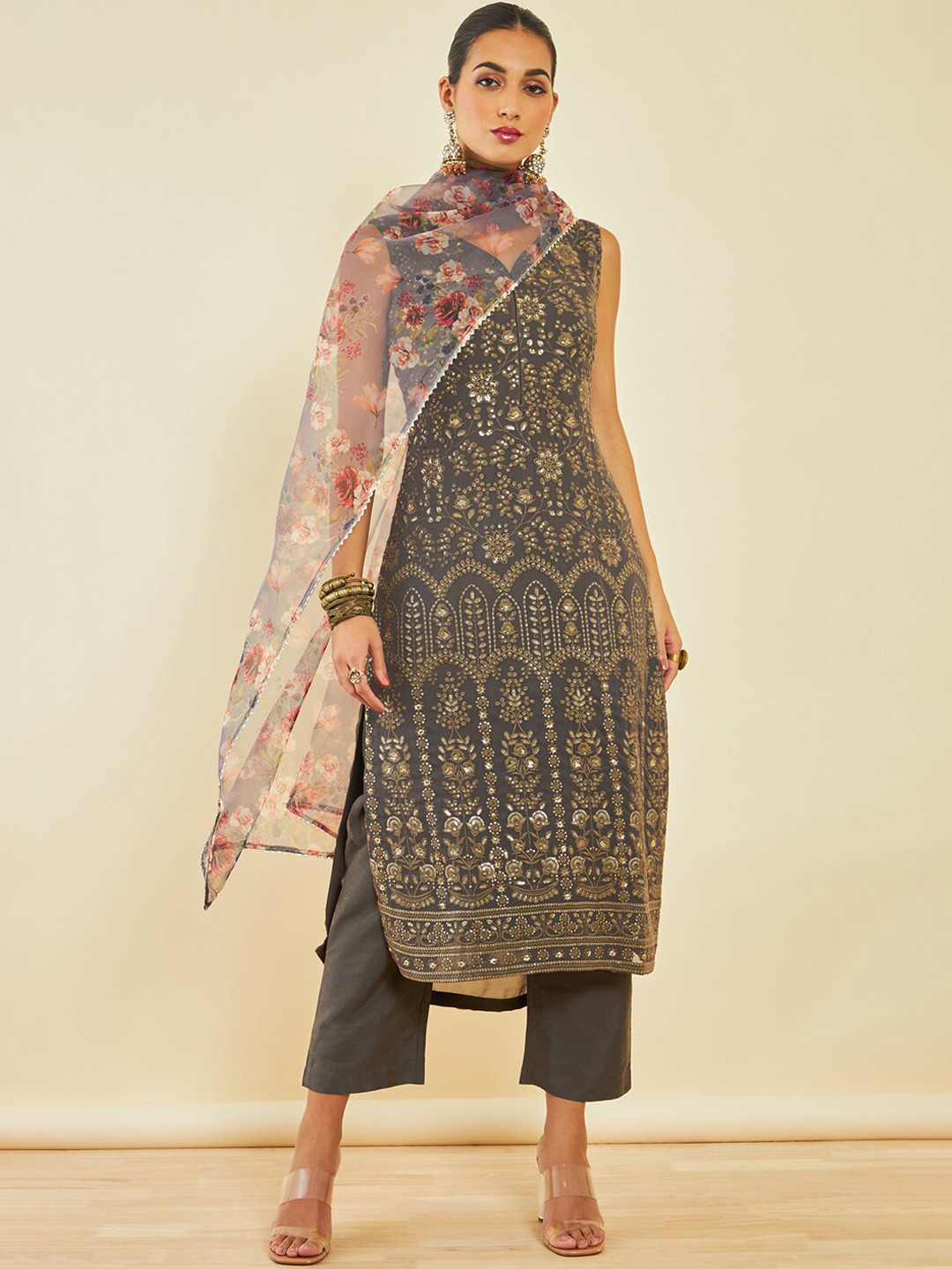 

Soch Grey Ethnic Motifs Embroidered Regular Sequinned Kurta With Trousers & Dupatta