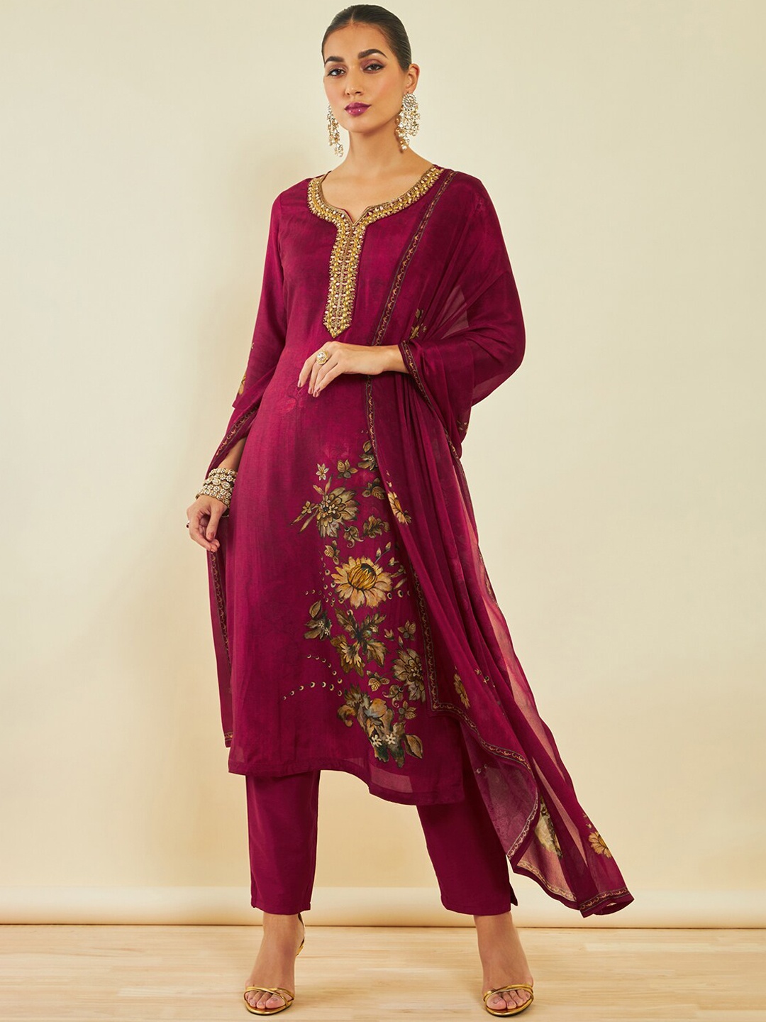 

Soch Maroon Floral Printed Beads and Stones Kurta With Trousers & Dupatta