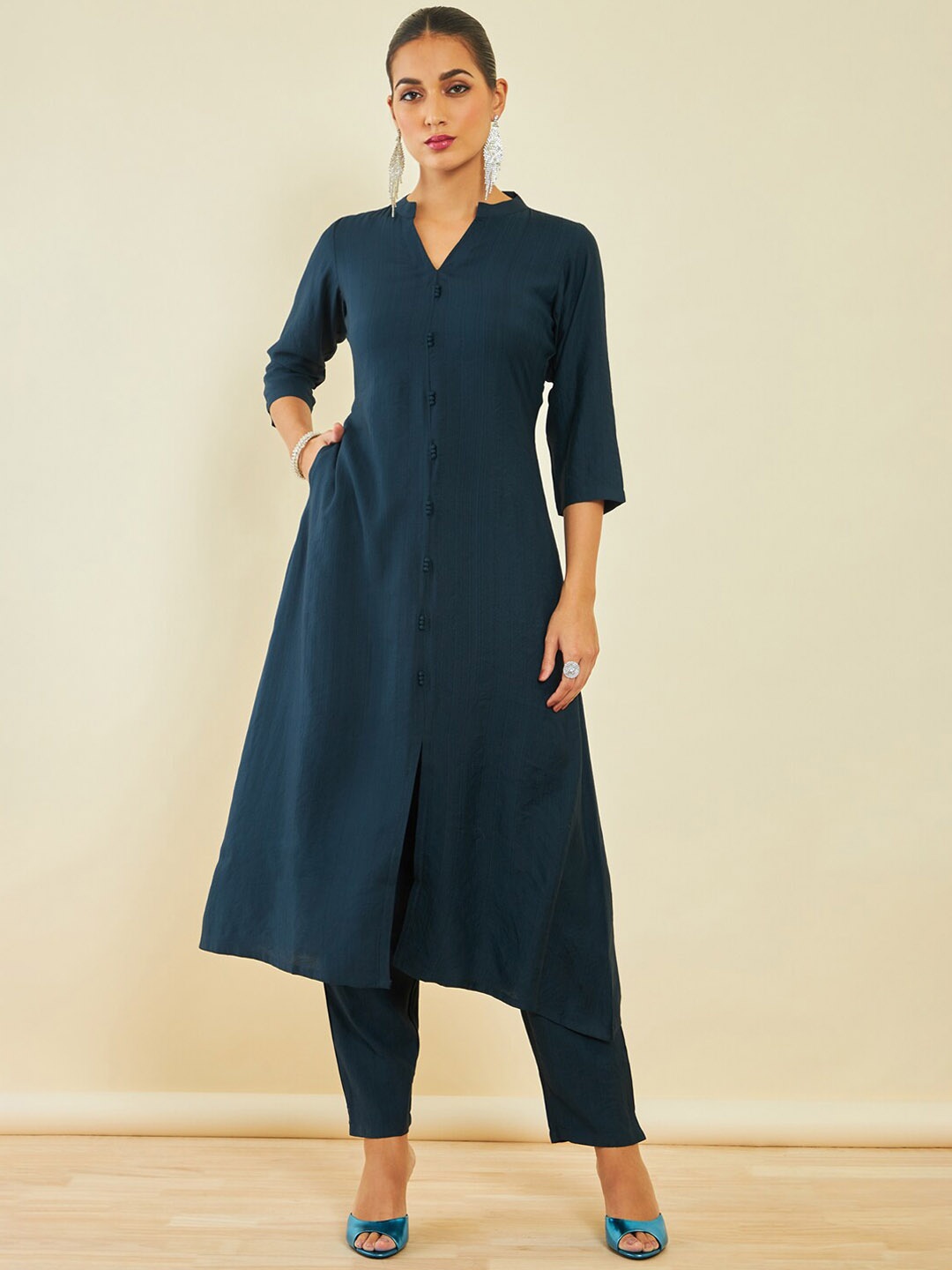 

Soch Navy Blue Regular A-Line Kurta With Trousers