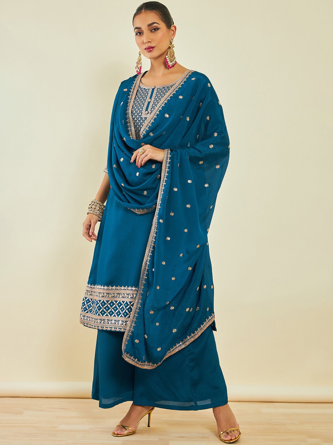 

Soch Yoke Design Embroidered Kurta with Palazzos & Dupatta, Teal