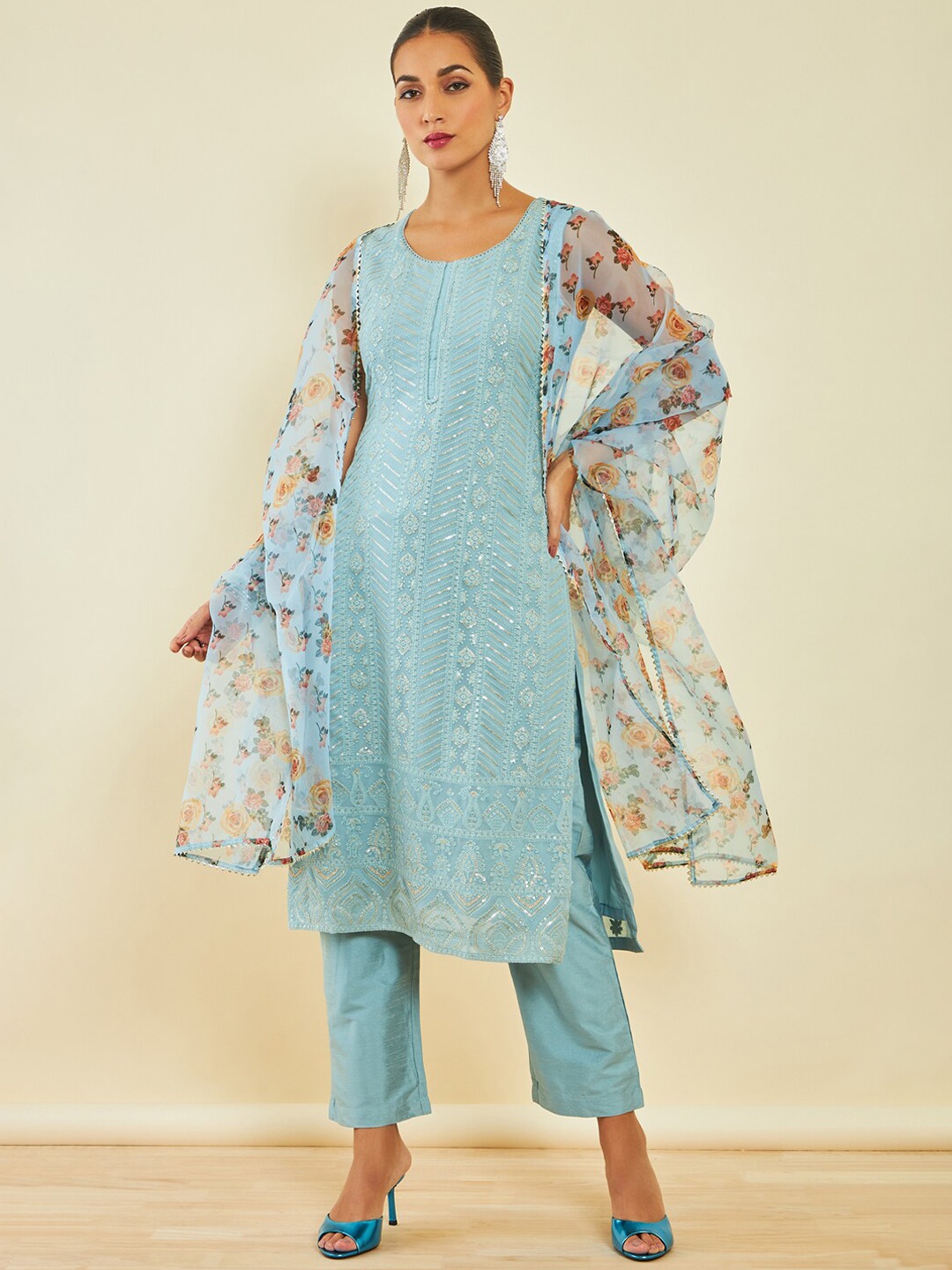 

Soch Blue Ethnic Motifs Embroidered Regular Sequinned Kurta With Trousers & Dupatta