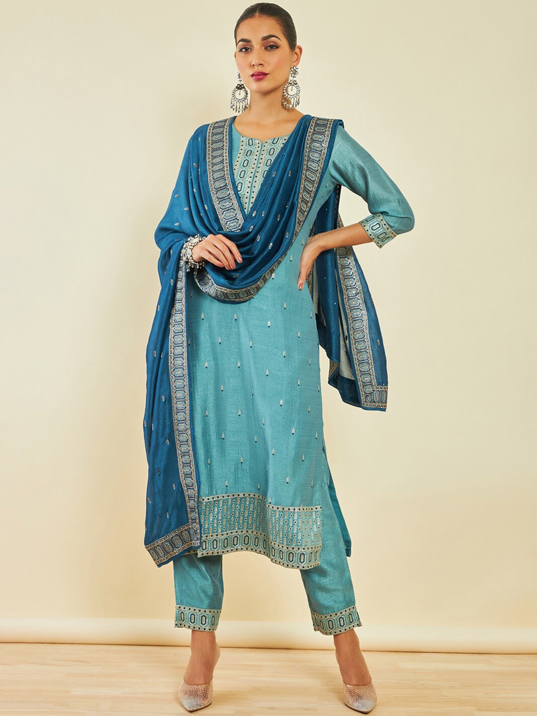 

Soch Blue Ethnic Motifs Embroidered Regular Sequinned Kurta With Trousers & Dupatta