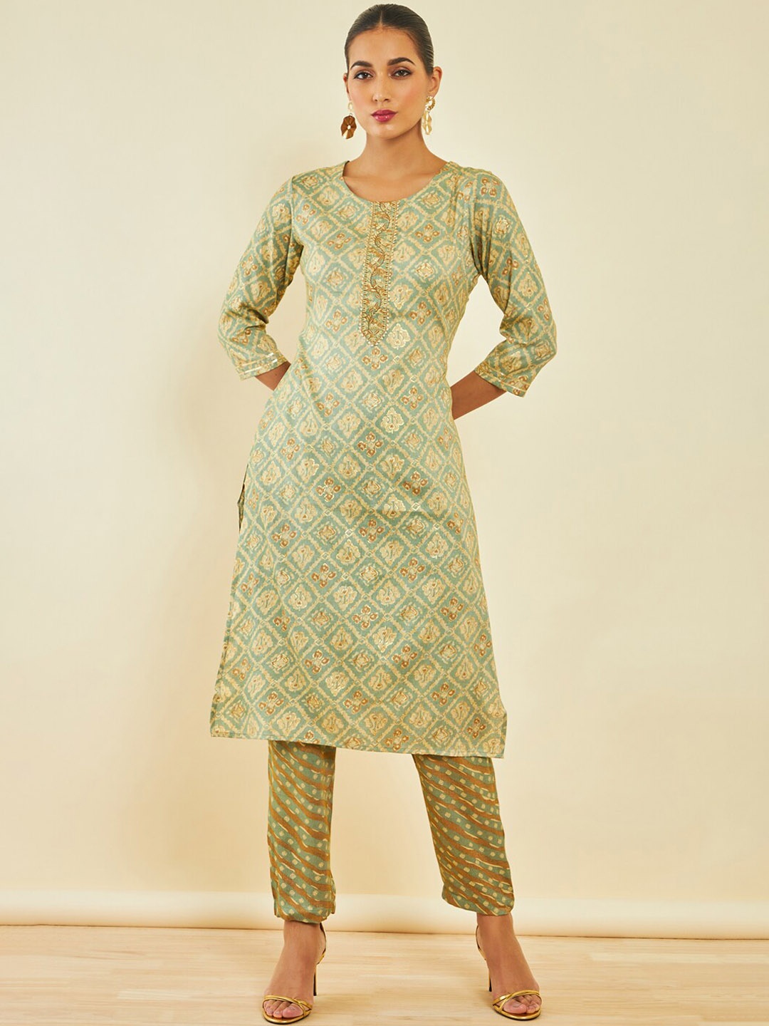 

Soch Green Ethnic Motifs Printed Gotta Patti Straight Kurta With Trousers
