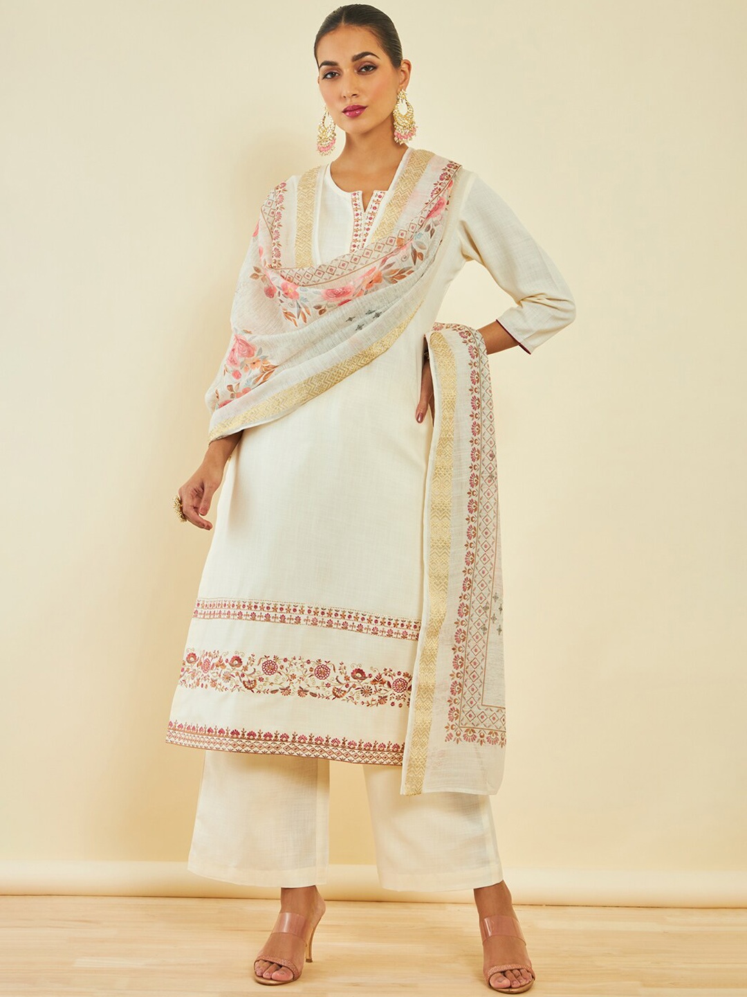

Soch Ethnic Motifs Embroidered Sequinned Kurta with Trousers & Dupatta, Off white