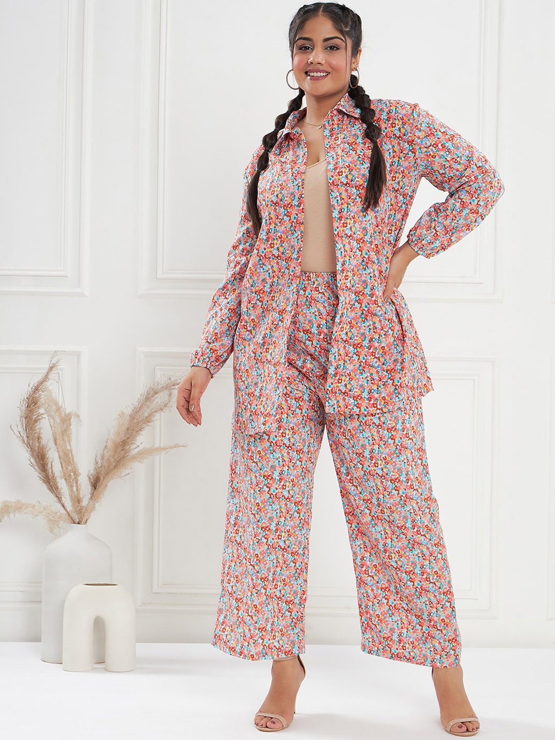 

CURVE BY KASSUALLY Red & Blue Plus Size Printed Shirt and Trousers Co-Ords