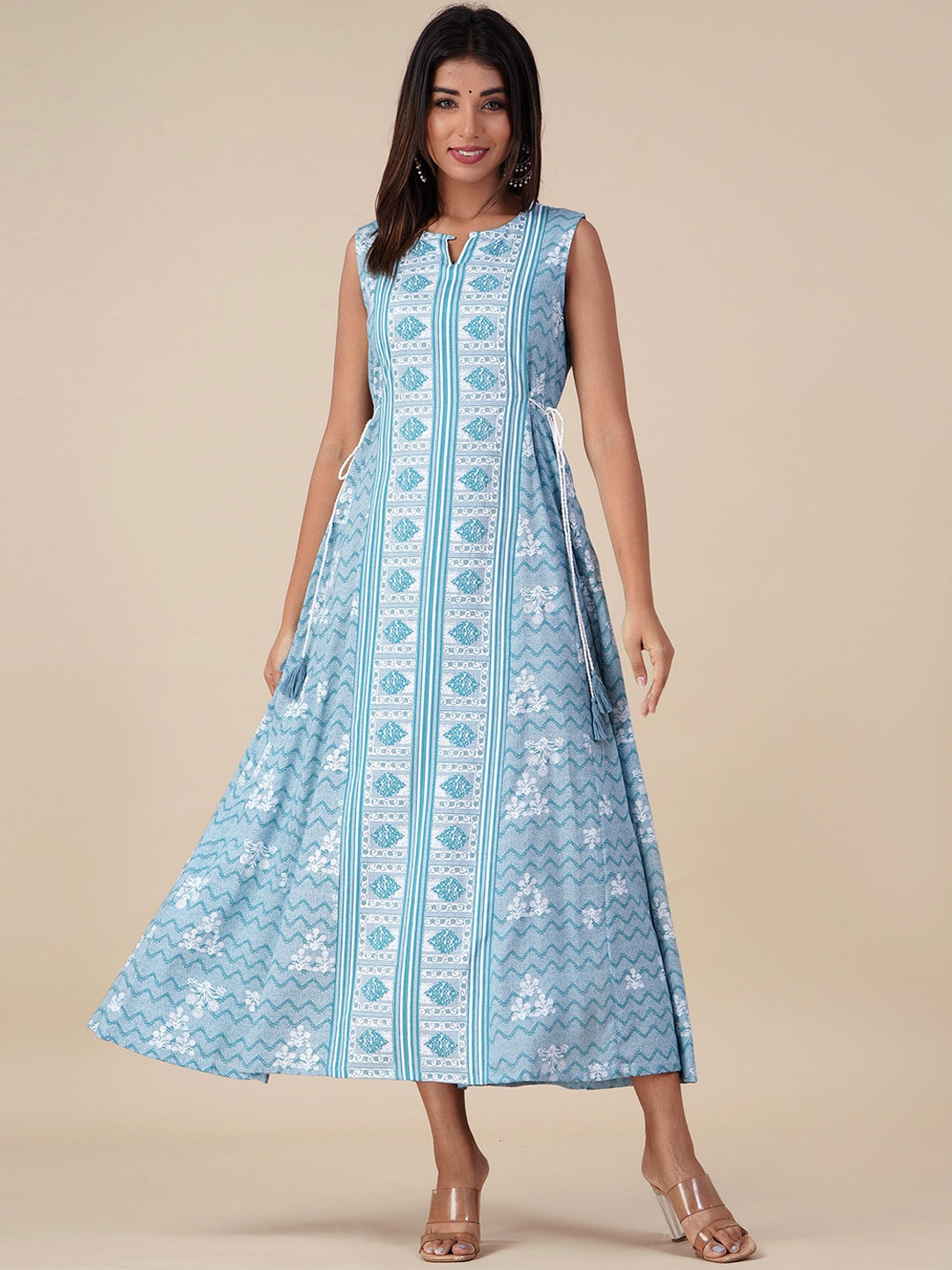

HERE&NOW Floral Printed Fit&Flare Sleeveless Viscose Rayon Kurta, Blue