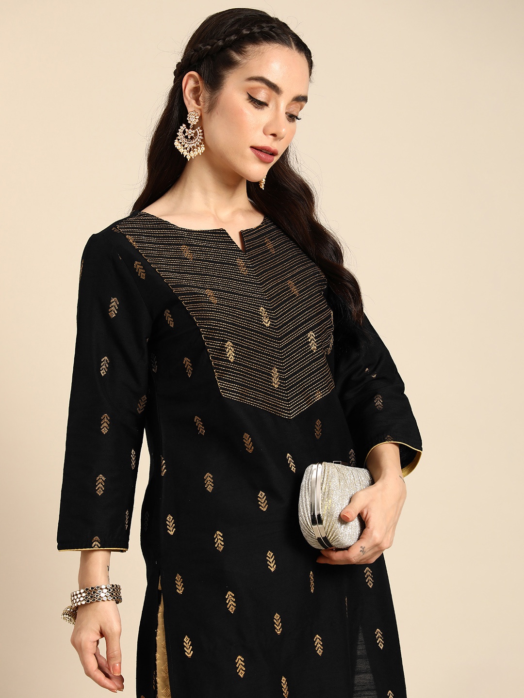 

Anouk Ethnic Motifs Kantha Work Dobby Kurta, Black