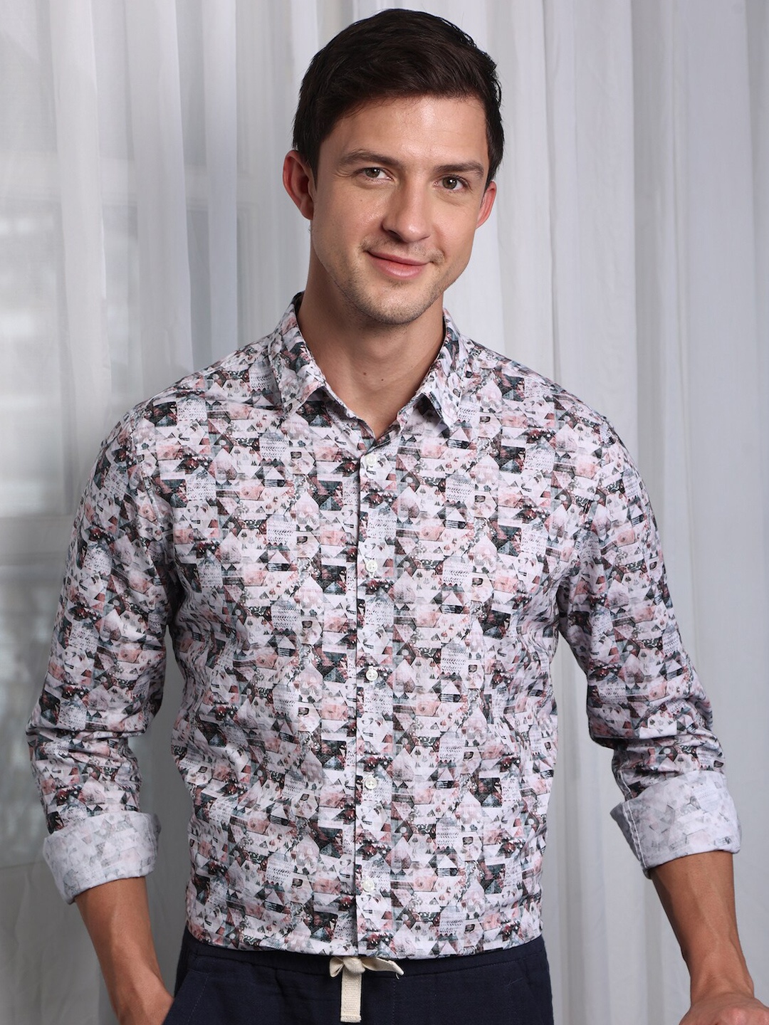 

POE Classic Slim Fit Abstract Printed Spread Collar Long Sleeve Casual Shirt, Peach