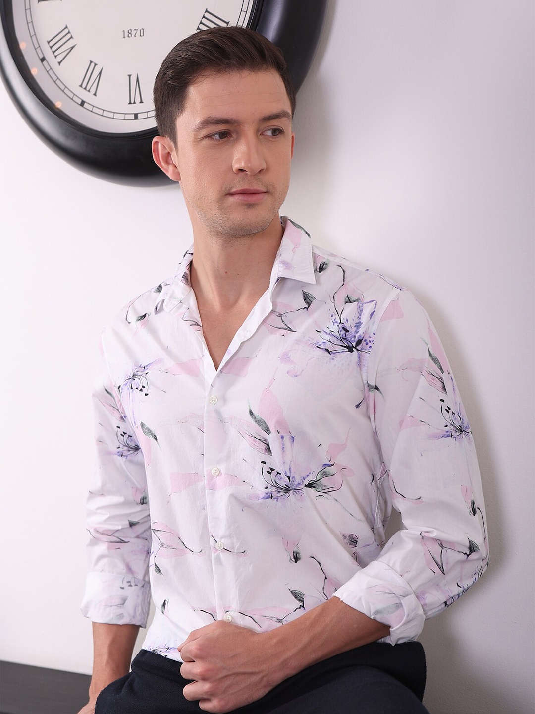 

POE Classic Slim Fit Floral Printed Spread Collar Long Sleeve Casual Shirt, Purple