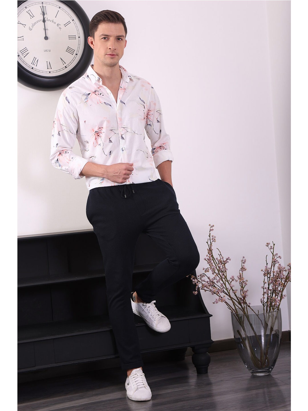 

POE Classic Slim Fit Floral Printed Spread Collar Long Sleeve Casual Shirt, Off white