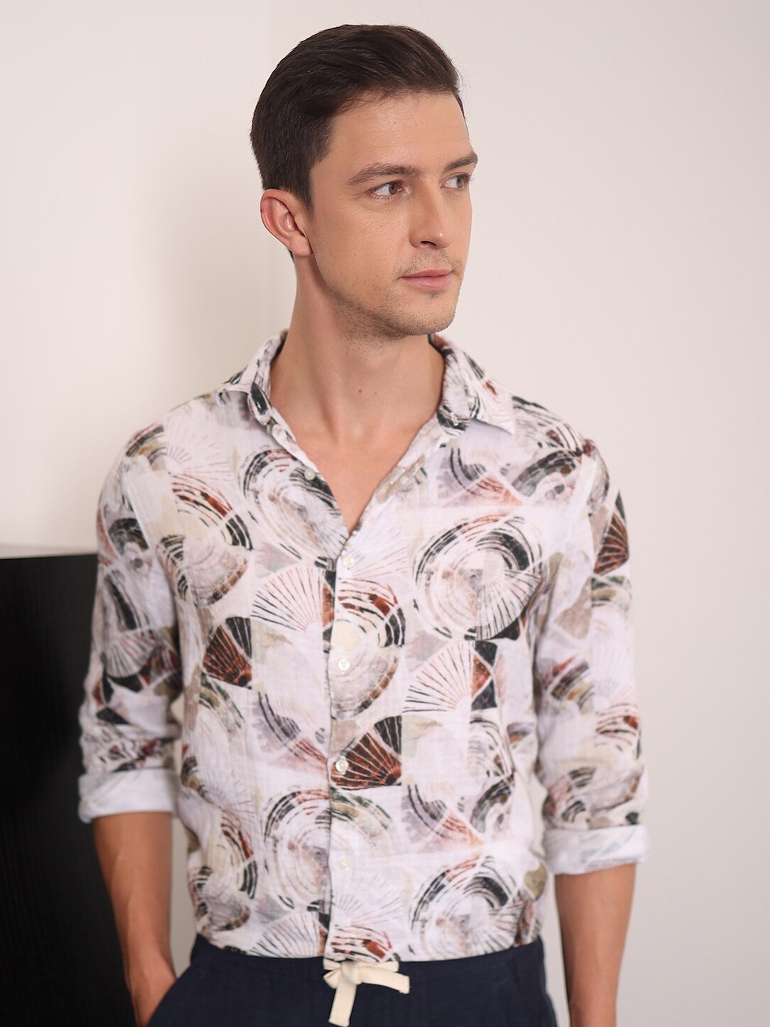 

POE Classic Slim Fit Abstract Spread Collar Long Sleeve Casual Shirt, Beige