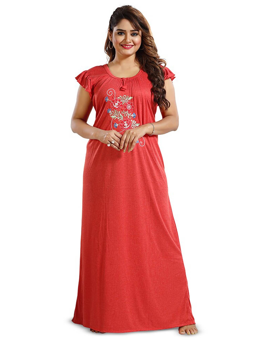 

FOMTI Floral Embroidered Maxi Nightdress, Red