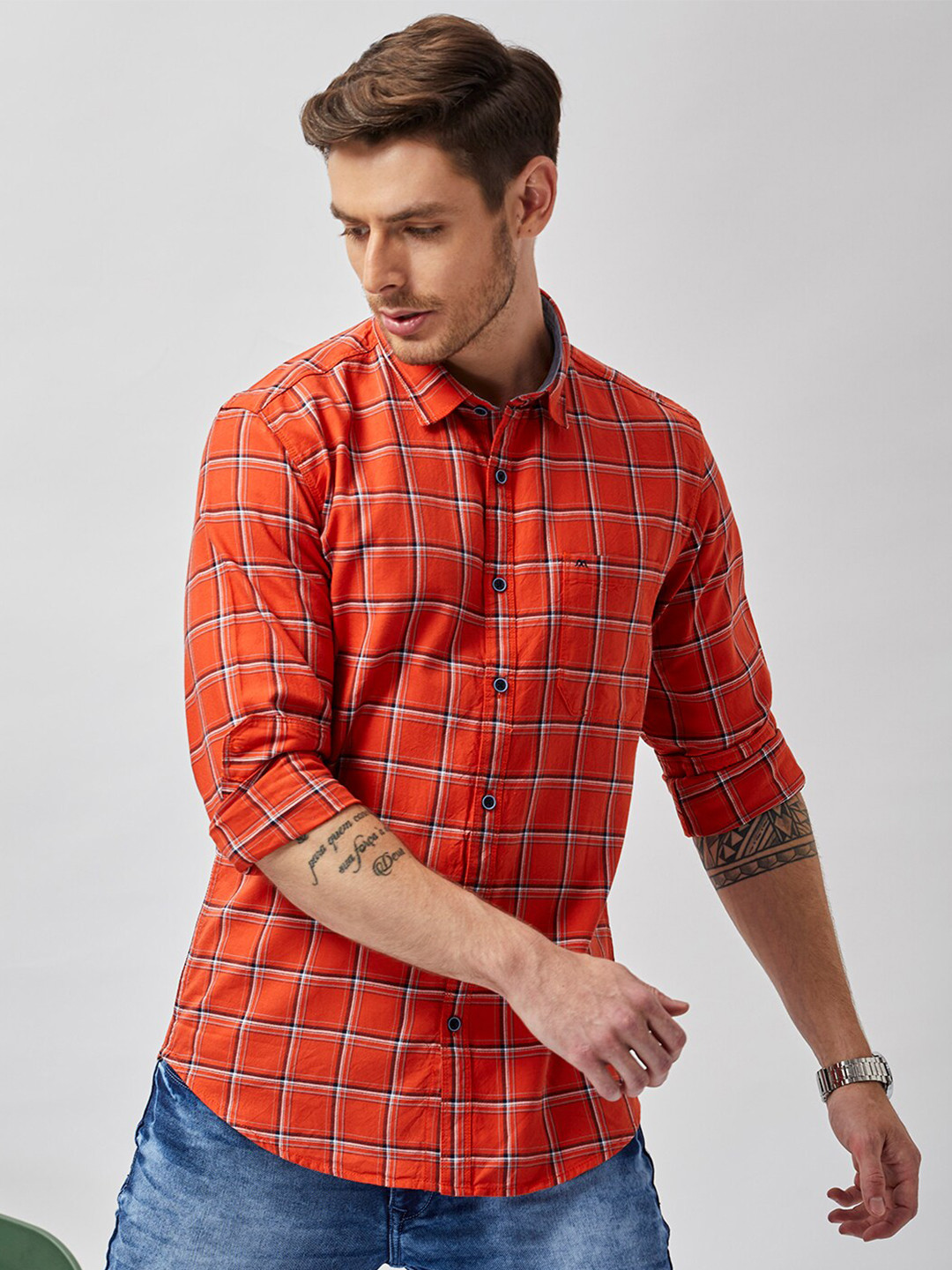 

MOZZO Spread Collar Checked Printed Pocket Classic Slim Fit Cotton Casual Shirt, Orange