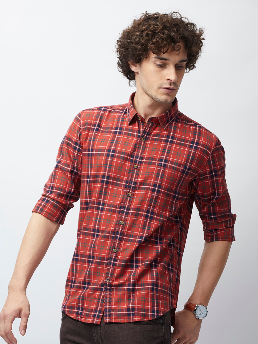 

MOZZO Tartan Checks Classic Slim Fit Casual Shirt, Red