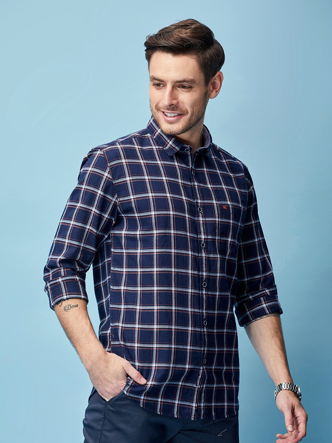 

MOZZO Cutaway Collar Checked Printed Pocket Classic Slim Fit Cotton Casual Shirt, Navy blue
