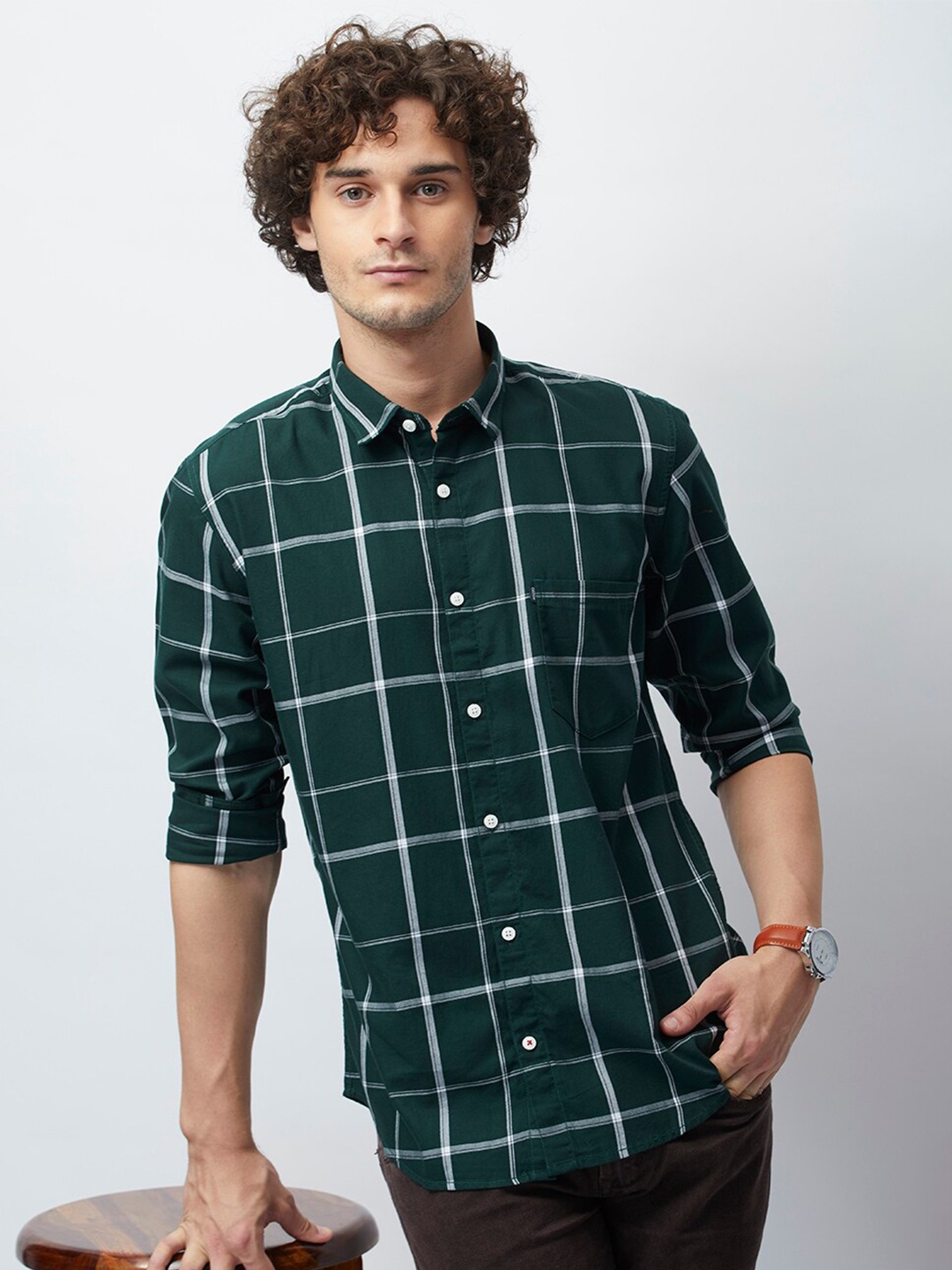 

MOZZO Classic Windowpane Checked Cotton Casual Shirt, Green