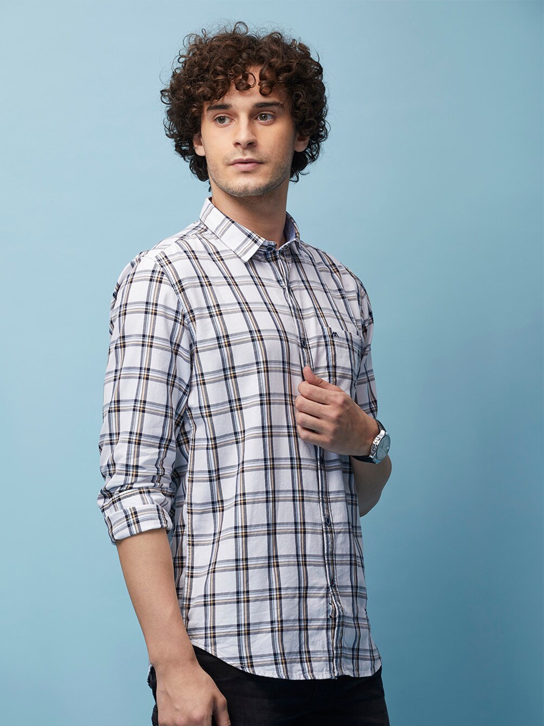 

MOZZO Classic Slim Fit Tartan Checked Cotton Casual Shirt, White