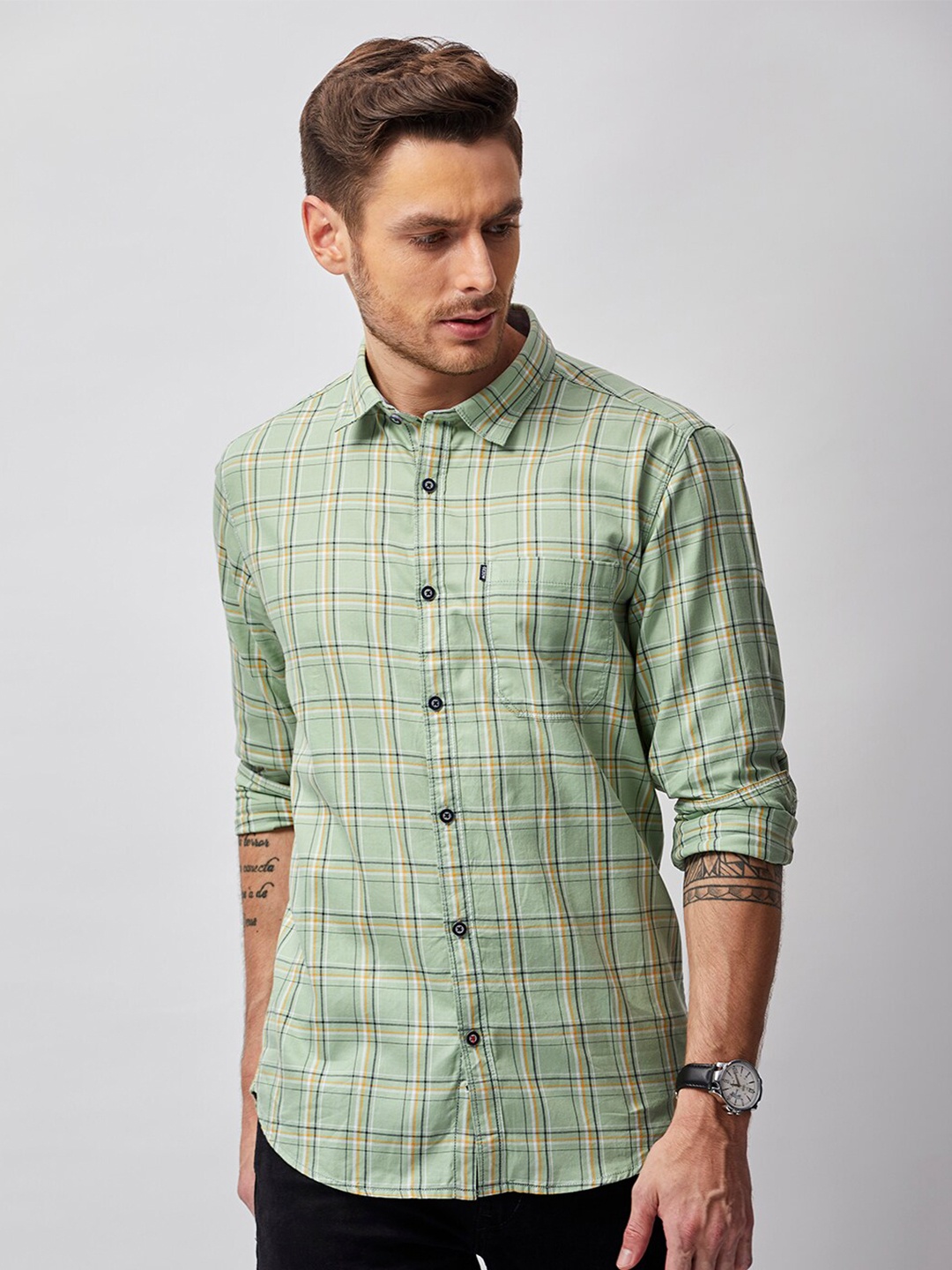 

MOZZO Classic Tartan Checks Cotton Casual Shirt, Green