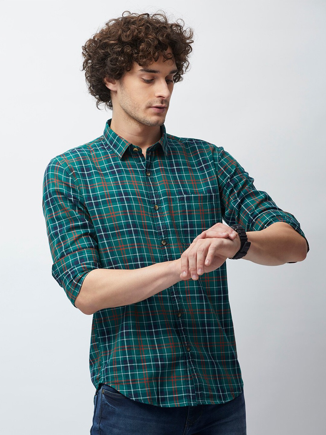 

MOZZO Classic Slim Fit Tartan Checked Roll-Up Sleeves Cotton Casual Shirt, Green